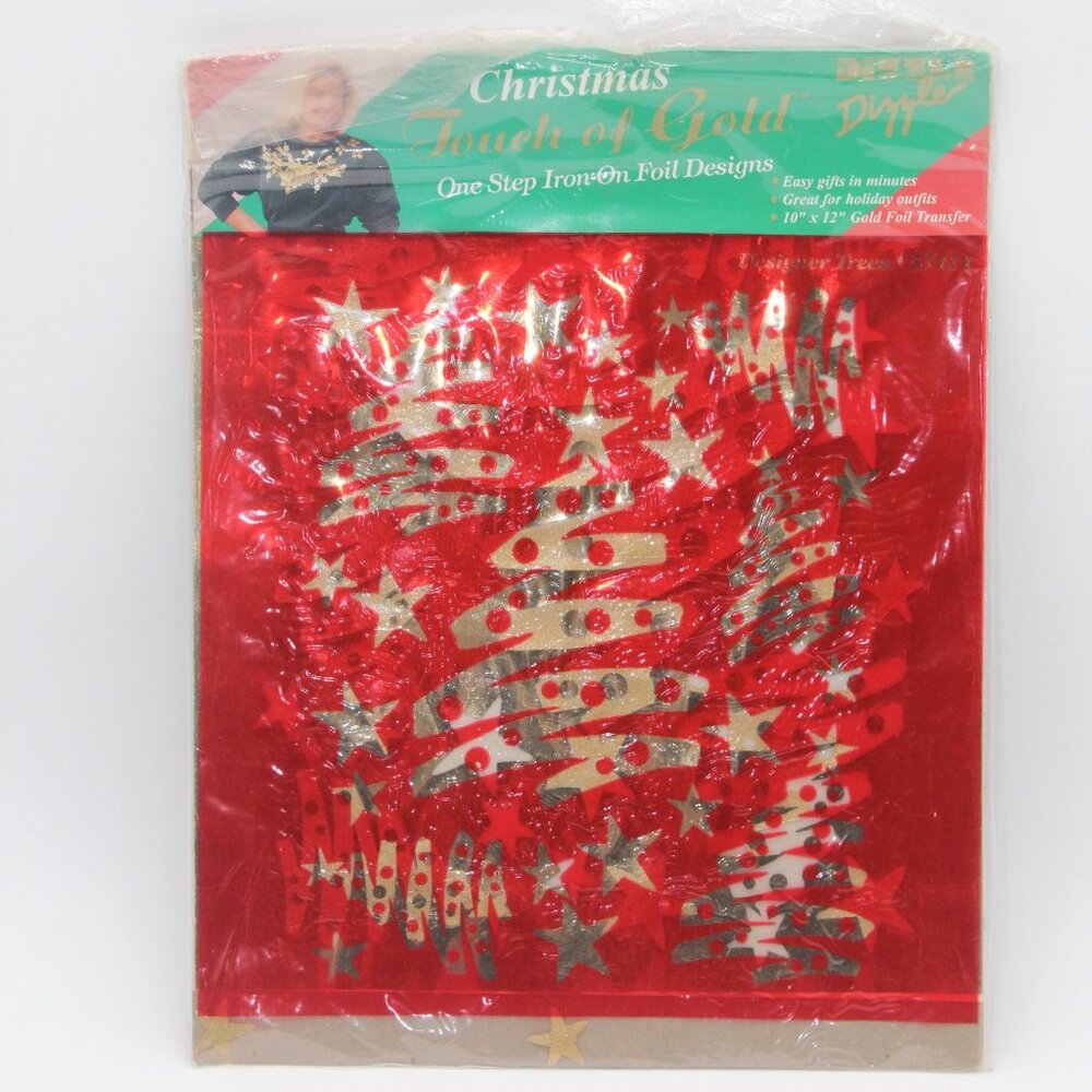 Vintage Christmas Touch of Gold Iron On Foil Transfer Designer Trees #53424 NOS